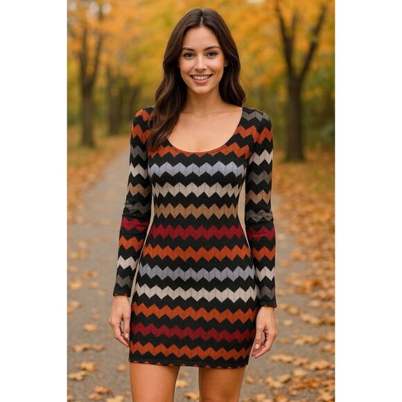 Lily Women’s Retro Chevron Zigzag Knit Bodycon Dress Autumn Knit Scoop Neck Sz S - Picture 2 of 7